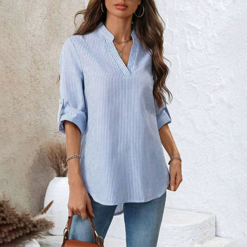 Tiffany - Women's Striped V-Neck Roll Sleeve Blouse