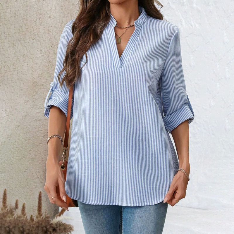 Tiffany - Women's Striped V-Neck Roll Sleeve Blouse