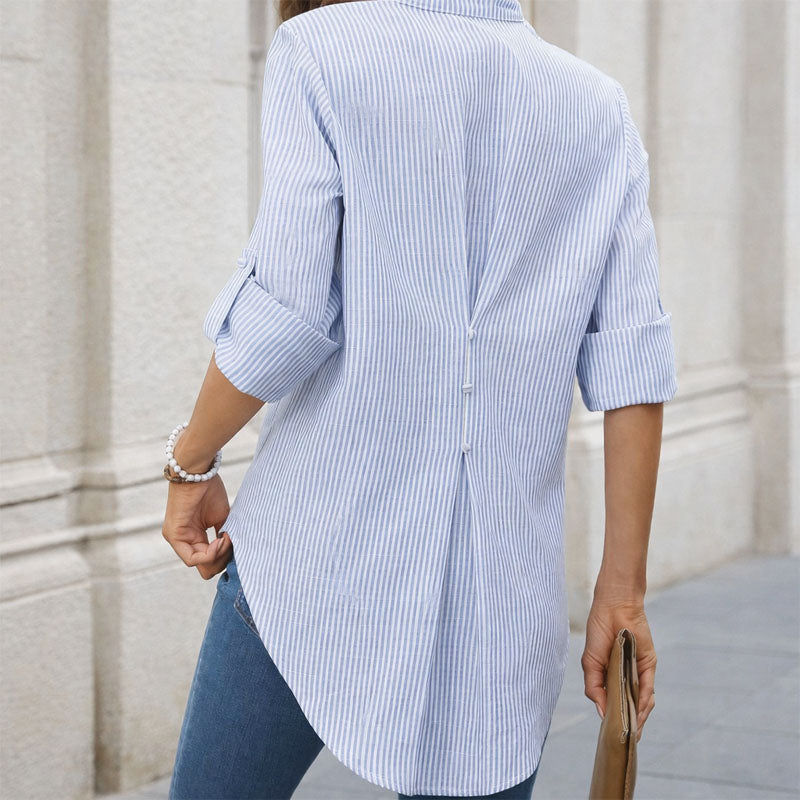 Tiffany - Women's Striped V-Neck Roll Sleeve Blouse