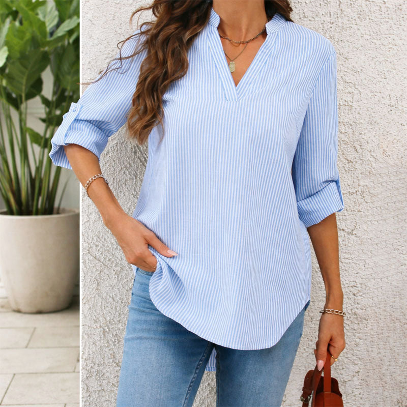 Tiffany - Women's Striped V-Neck Roll Sleeve Blouse