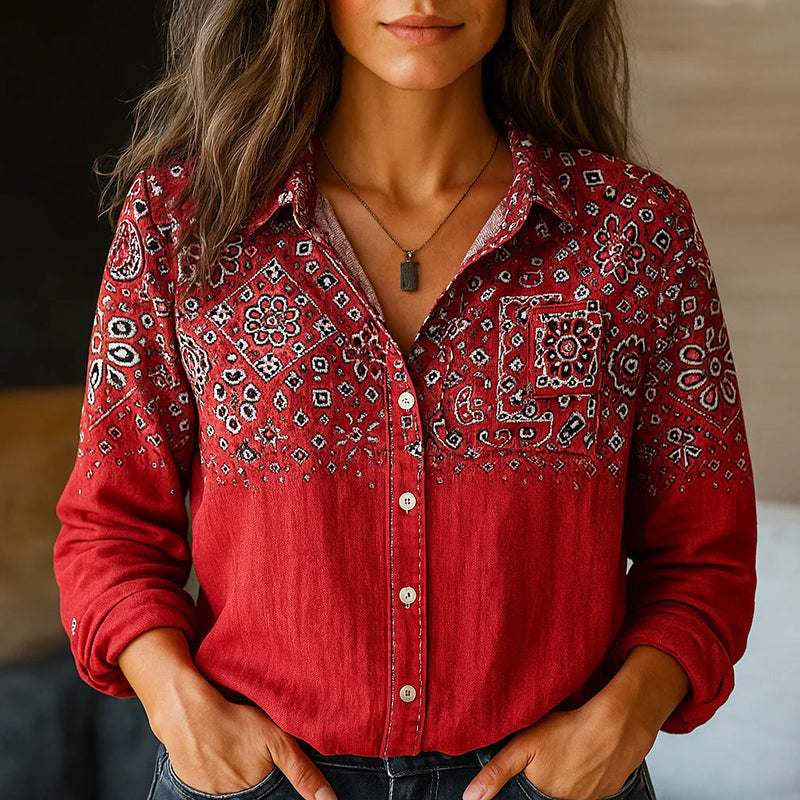 Tiffany - Women's Boho Print Button-Down Shirt