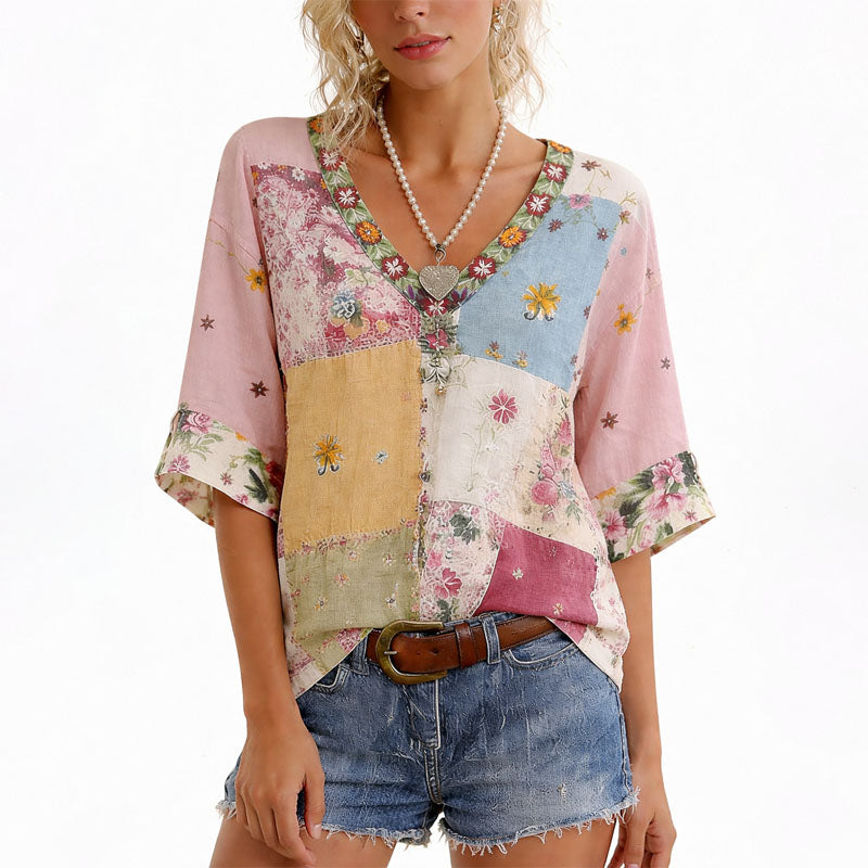 Tracy - Women's Patchwork Floral V-Neck Blouse