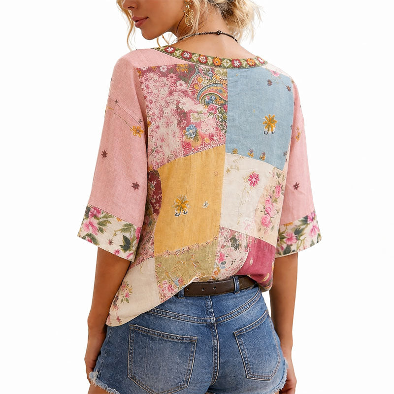 Tracy - Women's Patchwork Floral V-Neck Blouse
