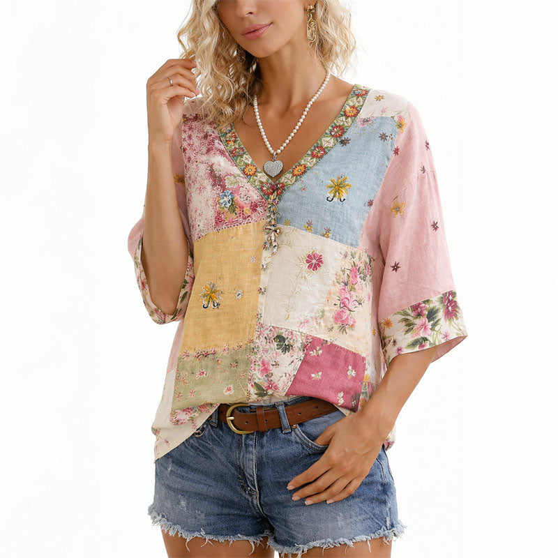 Tracy - Women's Patchwork Floral V-Neck Blouse