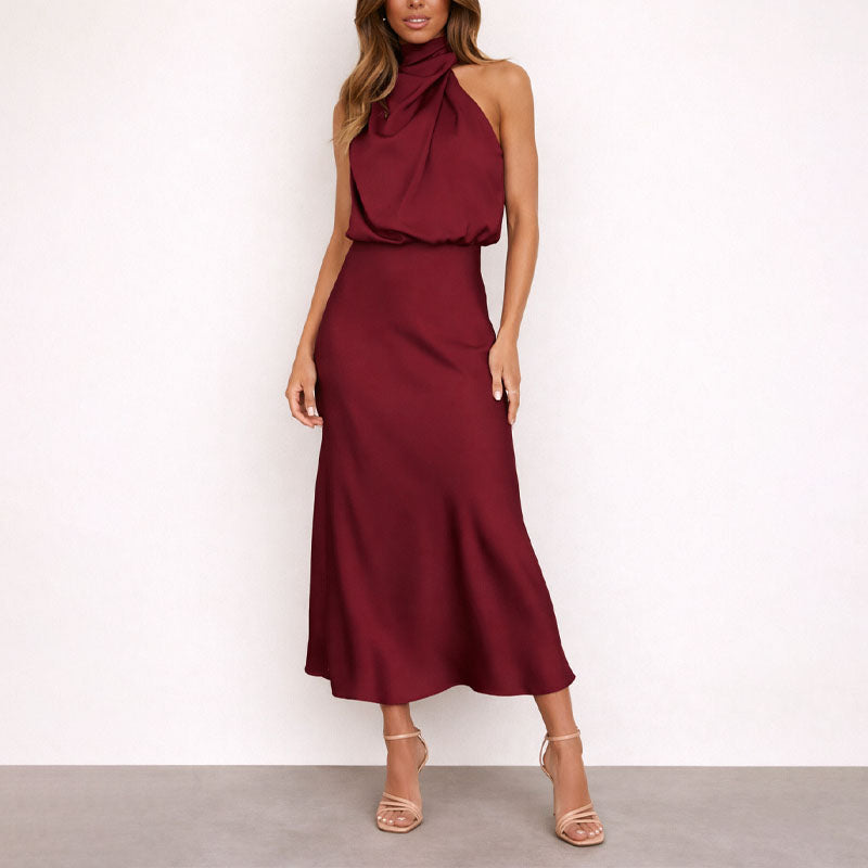 Vanessa - Women's Satin Halter Neck Midi Dress
