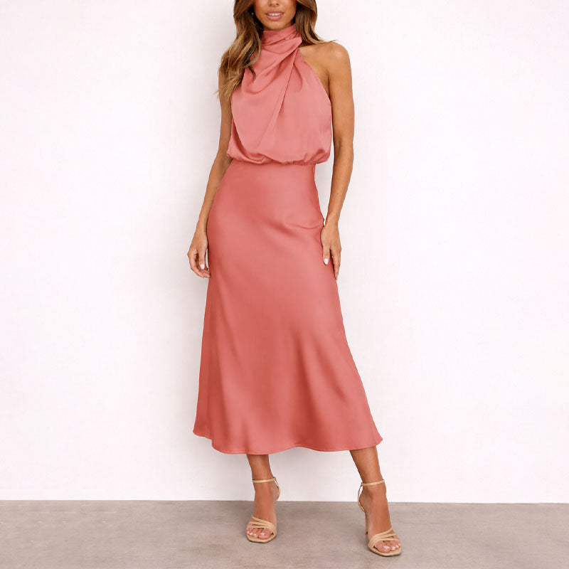 Vanessa - Women's Satin Halter Neck Midi Dress