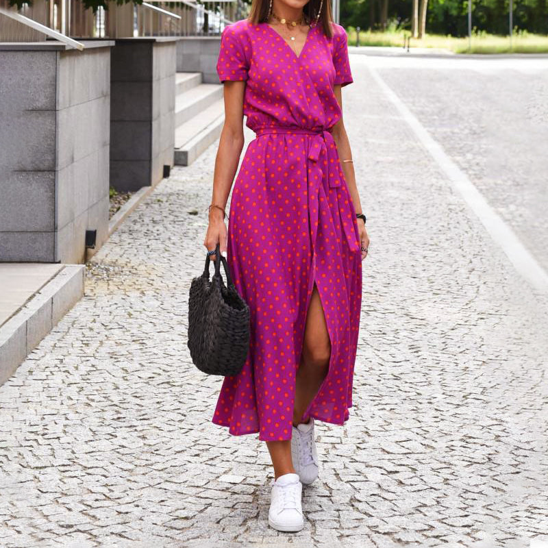 Vanessa - Women's Printed Wrap Midi Dress with Waist Tie