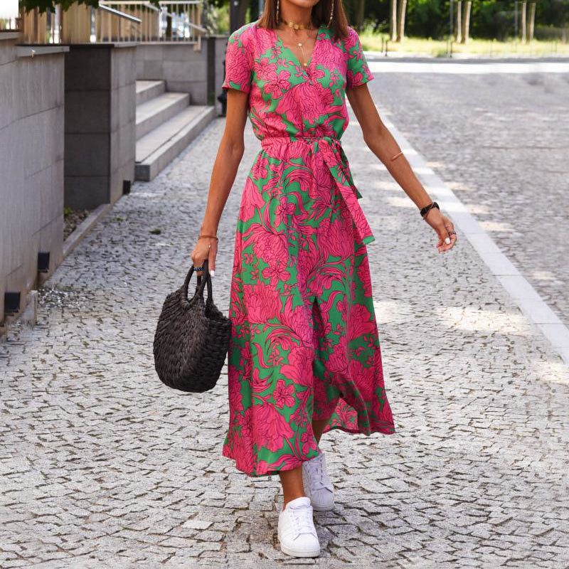 Vanessa - Women's Printed Wrap Midi Dress with Waist Tie
