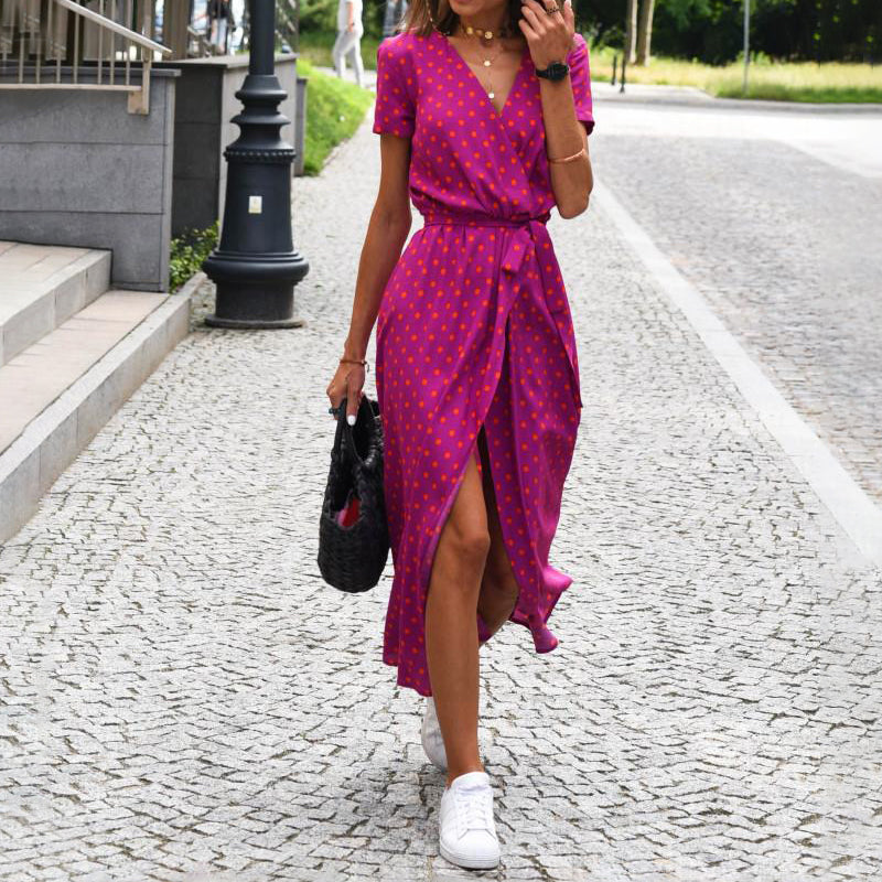 Vanessa - Women's Printed Wrap Midi Dress with Waist Tie