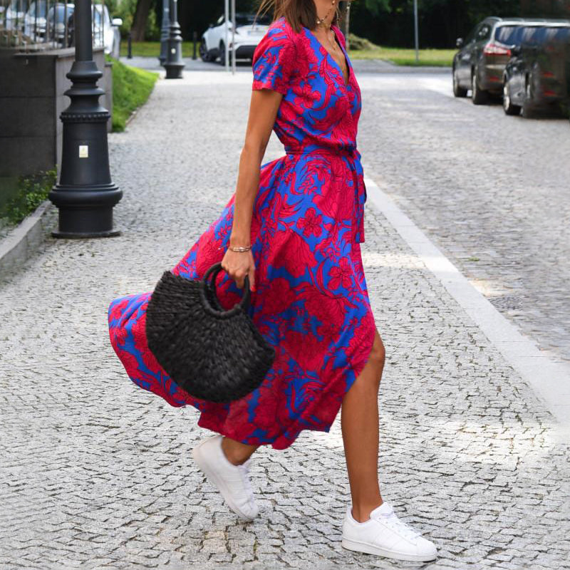 Vanessa - Women's Printed Wrap Midi Dress with Waist Tie