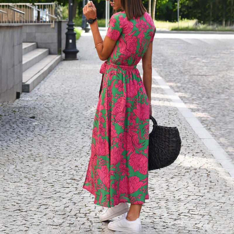 Vanessa - Women's Printed Wrap Midi Dress with Waist Tie