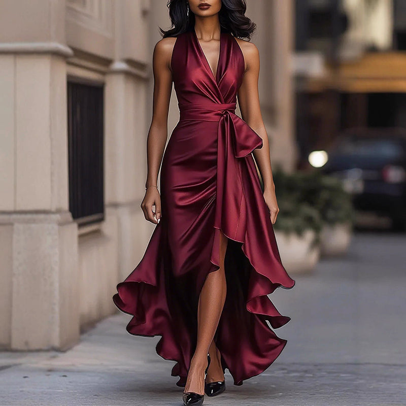 Vanessa - Women’s Satin Wrap Maxi Dress with High-Low Hem