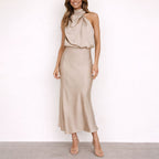 Vanessa - Women's Satin Halter Neck Midi Dress
