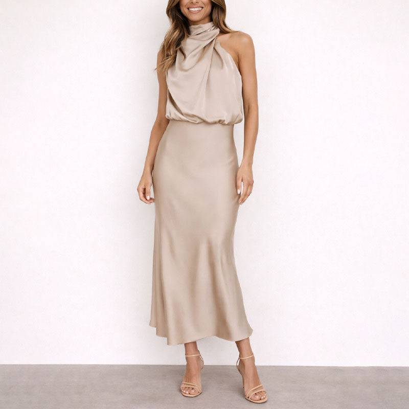 Vanessa - Women's Satin Halter Neck Midi Dress