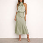 Vanessa - Women's Satin Halter Neck Midi Dress