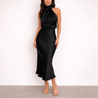 Vanessa - Women's Satin Halter Neck Midi Dress