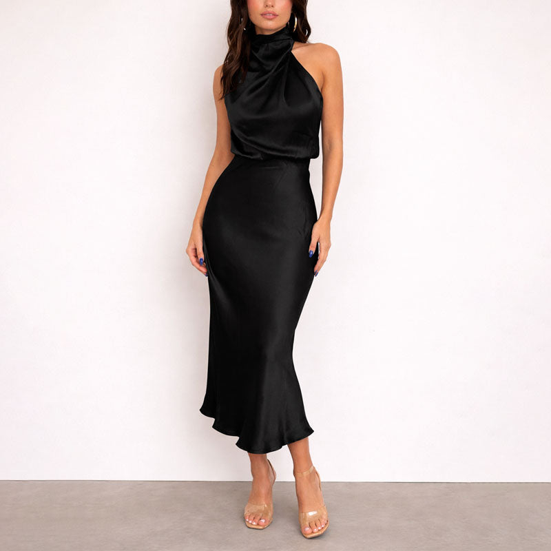 Vanessa - Women's Satin Halter Neck Midi Dress