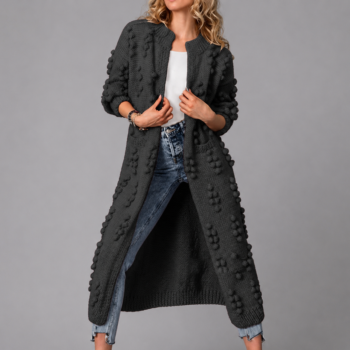 Vera - Women's Long Textured Knit Open Cardigan