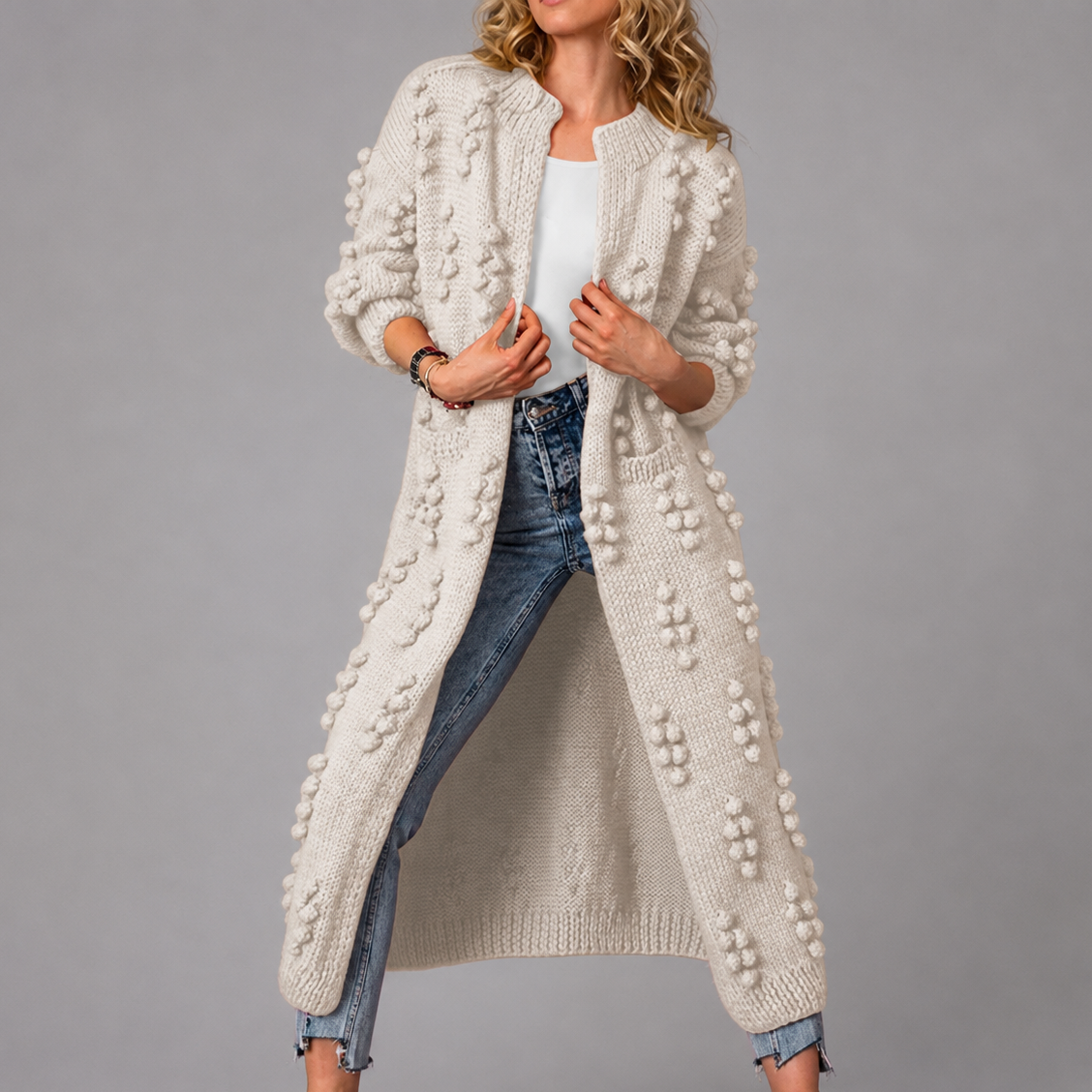 Vera - Women's Long Textured Knit Open Cardigan