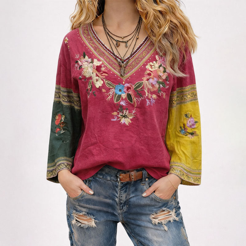 Wendy - Women's Embroidered V-Neck Blouse