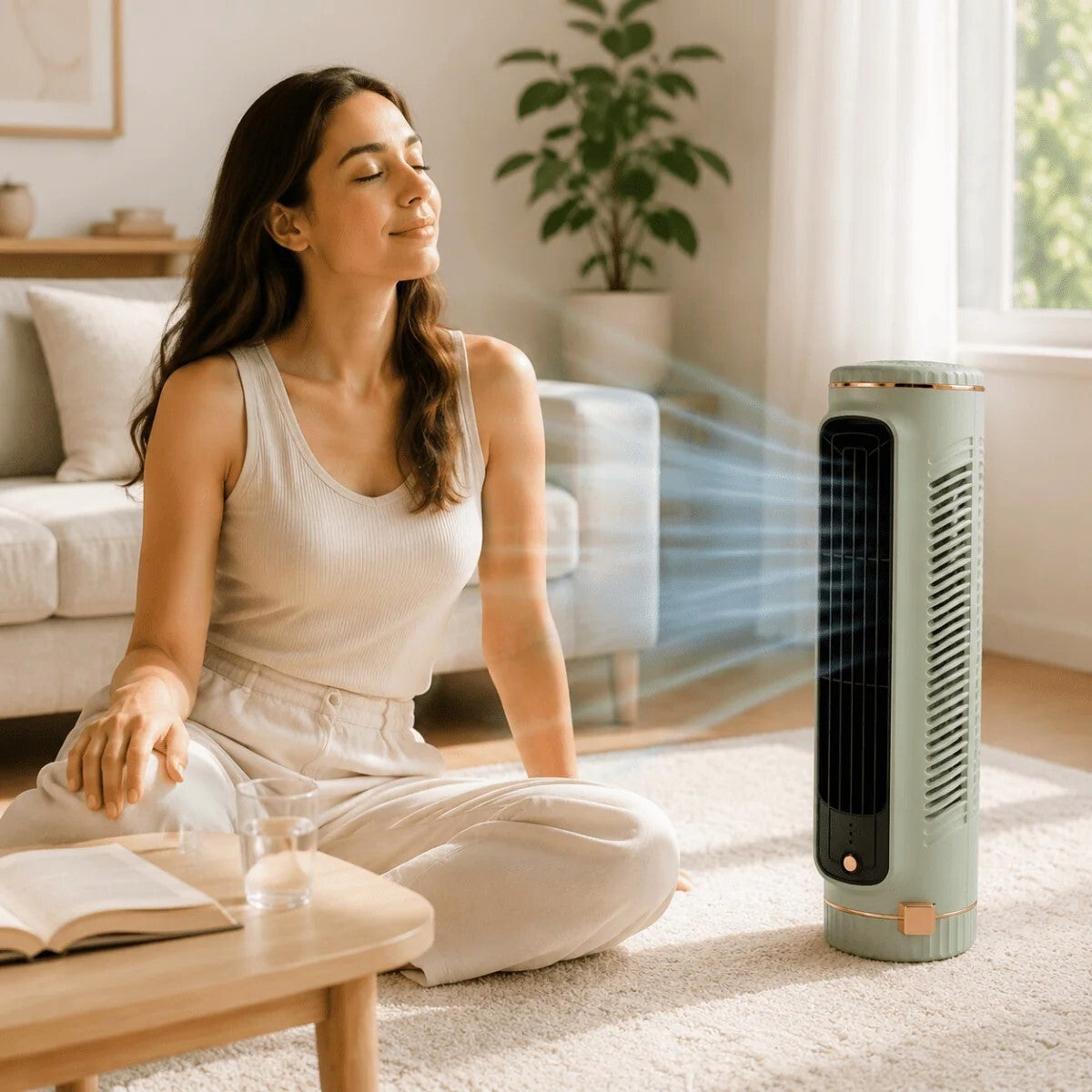 Woman sitting in a living room with a green tower fan blowing air towards her.