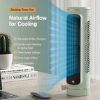 A mint green and black tower fan shown on a desk with overlaid text describing airflow features and blue airflow arrows. The scene includes a cactus, books, a mouse, and a laptop in a styled indoor setting.