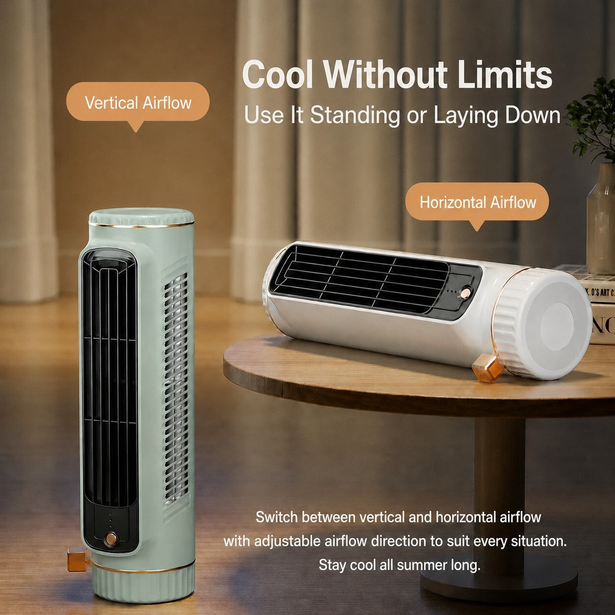 A dual-directional tower fan shown in two positions: standing vertically on the left and lying horizontally on a wooden table on the right. The product has a sage green body with black vents and metallic gold accents.