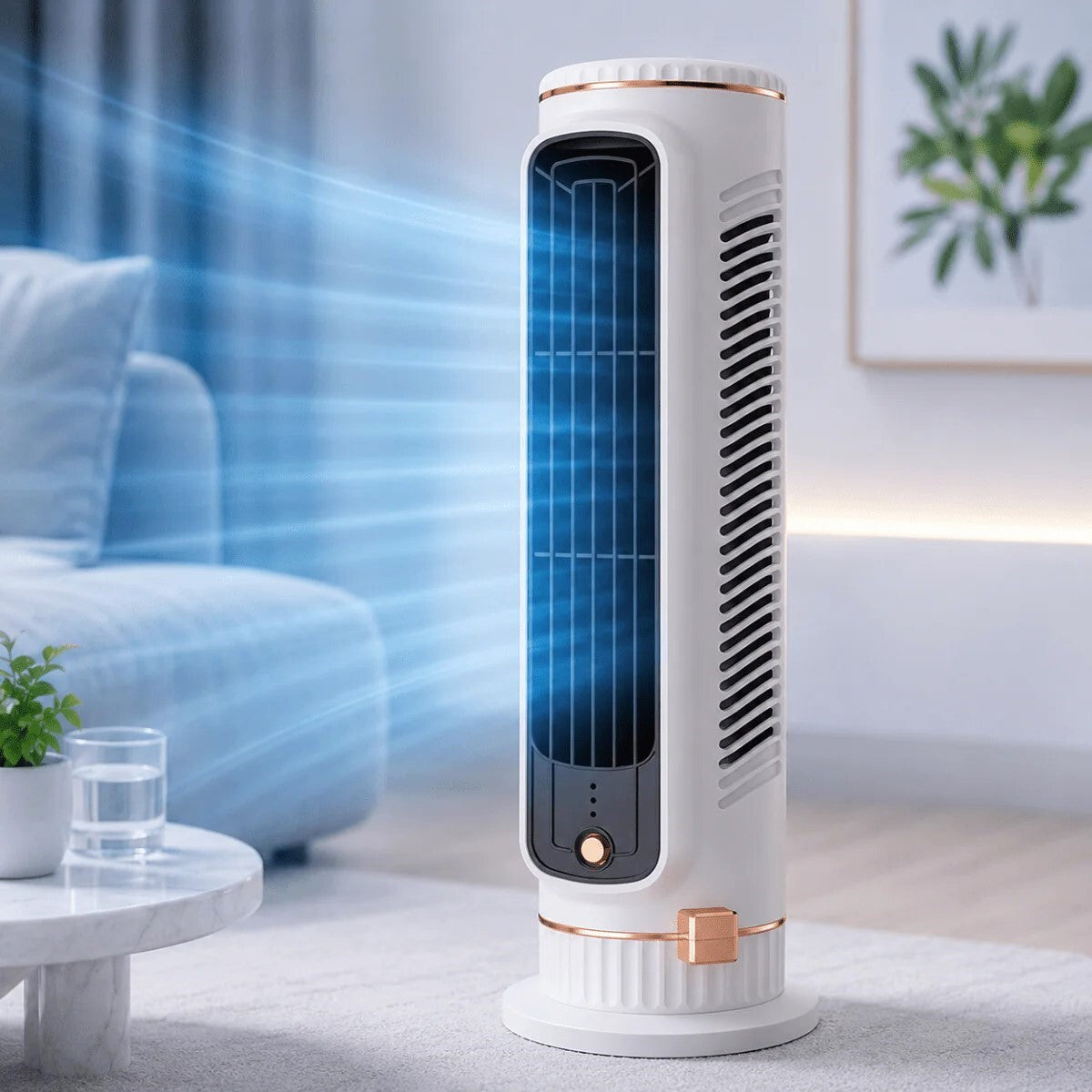 A modern white tower fan with rose gold accents stands on a light gray rug in a living room setting. A blue graphic overlay illustrates airflow coming from the front.