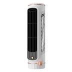 Tall cylindrical air conditioner with white and rose gold design on a white background