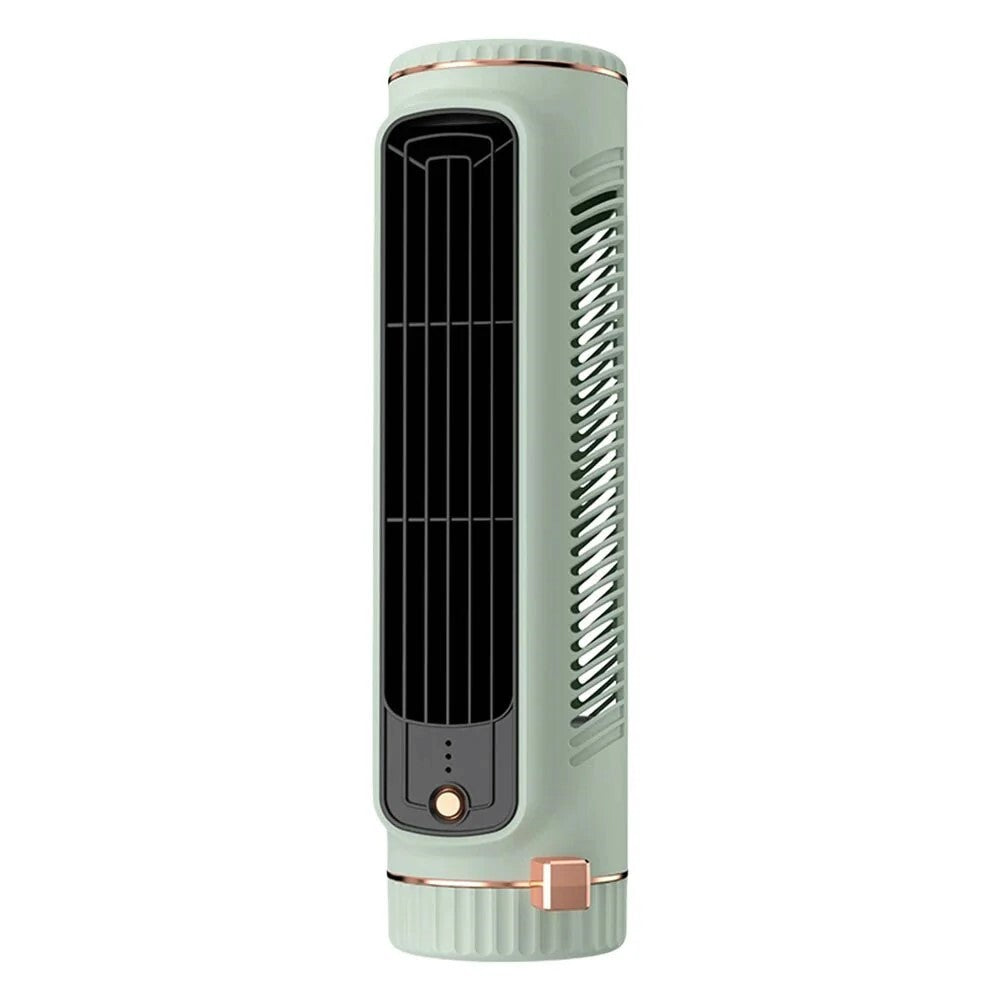 Cylindrical air conditioner with mint green and rose gold design on a white background