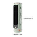 Cylindrical air conditioner with mint green and rose gold design on a white background with measurements of height and width in both centimeters and inches