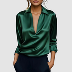 Zaria - Women's Satin Deep V-Neck Collared Blouse