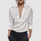 Zaria - Women's Satin Deep V-Neck Collared Blouse