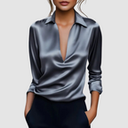 Zaria - Women's Satin Deep V-Neck Collared Blouse