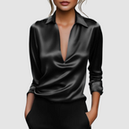 Zaria - Women's Satin Deep V-Neck Collared Blouse