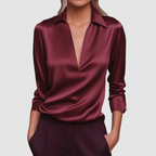 Zaria - Women's Satin Deep V-Neck Collared Blouse