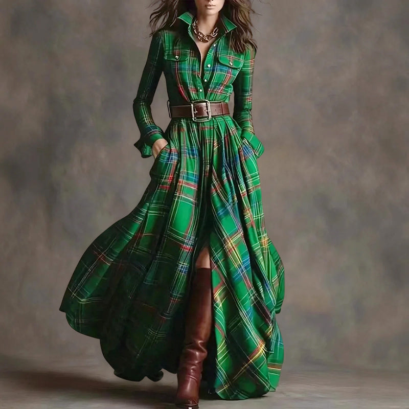 Zoe - Women’s Collared Plaid Long Sleeve Maxi Dress