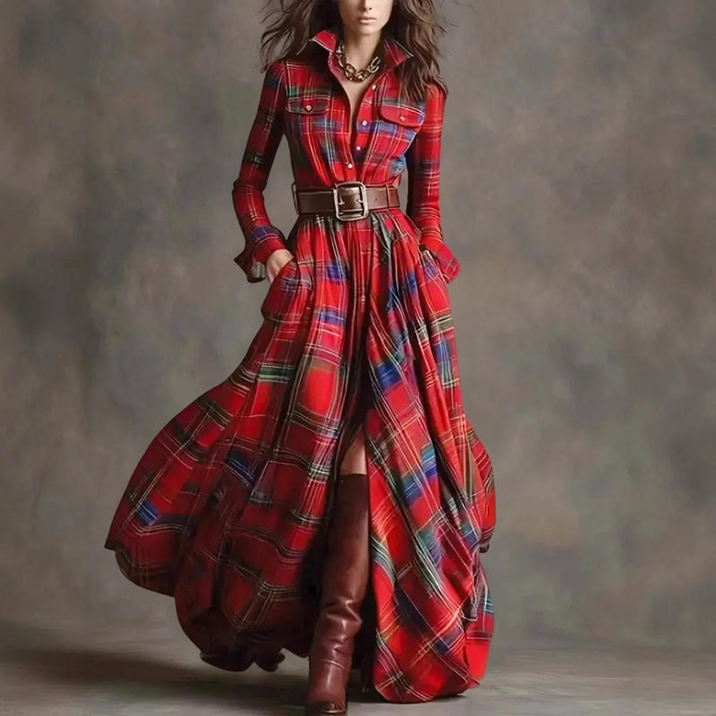Zoe - Women’s Collared Plaid Long Sleeve Maxi Dress