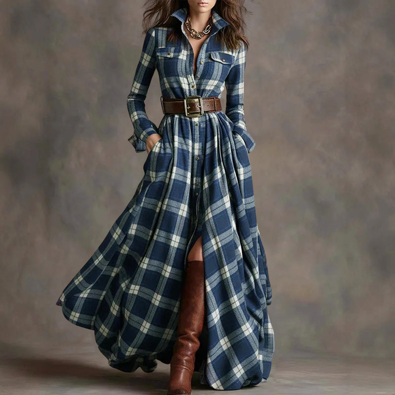 Zoe - Women’s Collared Plaid Long Sleeve Maxi Dress