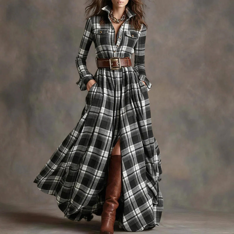 Zoe - Women’s Collared Plaid Long Sleeve Maxi Dress