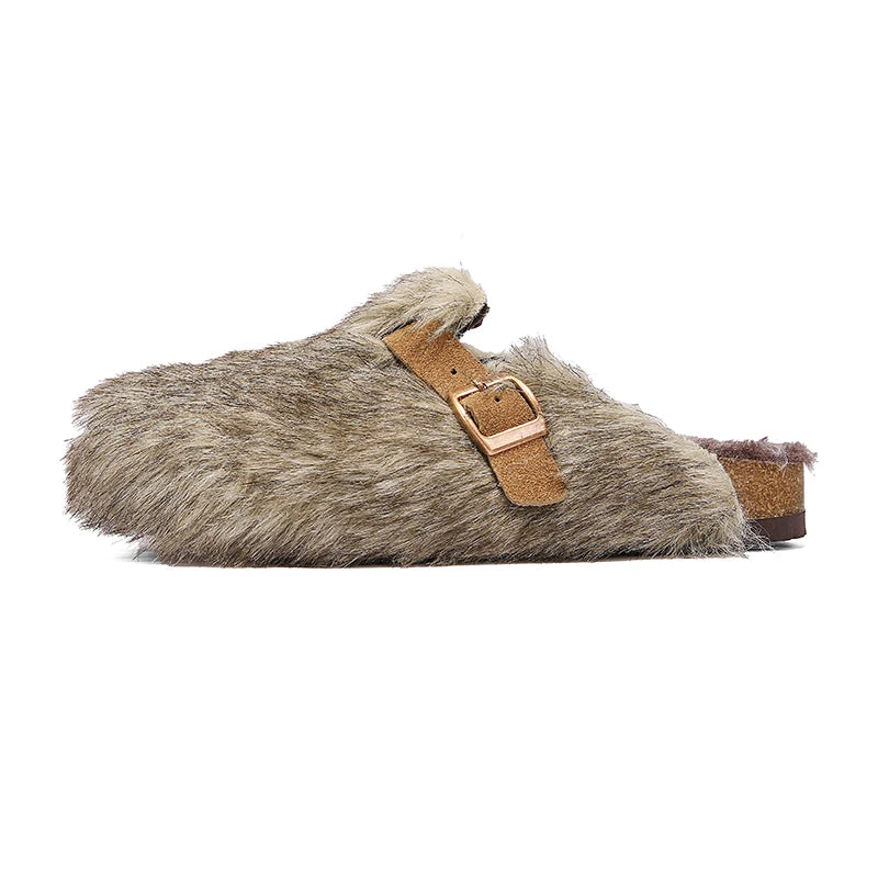 Alison - Women's Plush Buckle Clogs with Faux-Fur Trim