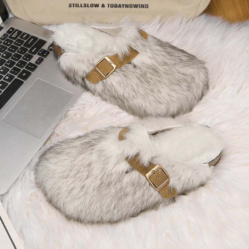 Alison - Women's Plush Buckle Clogs with Faux-Fur Trim