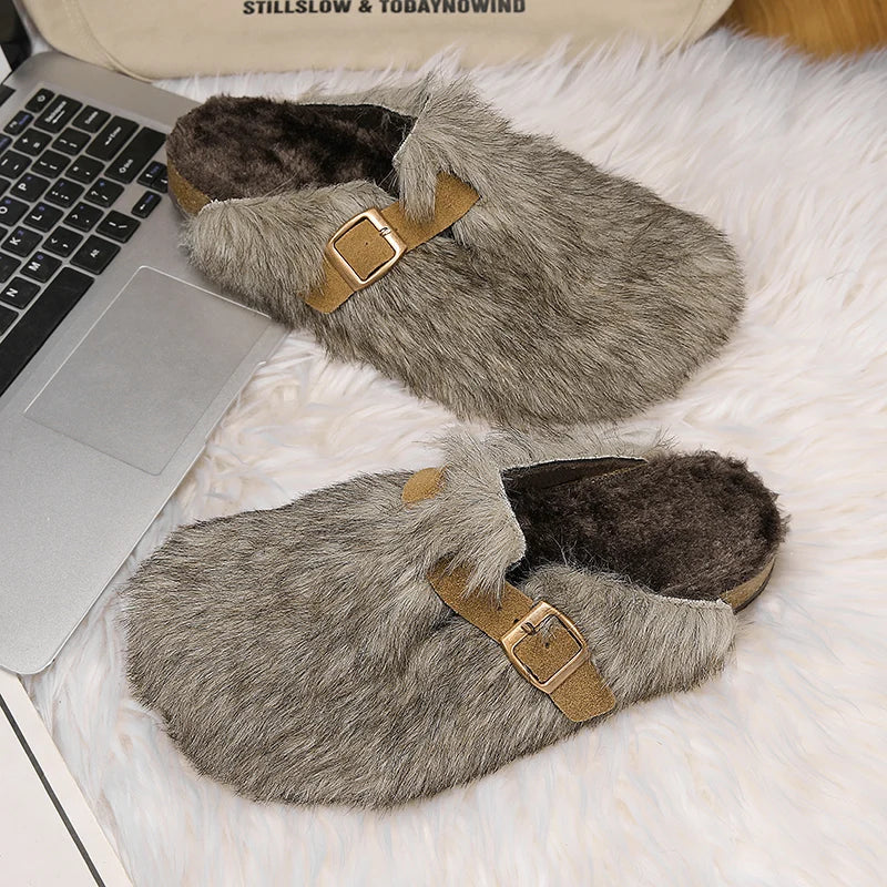 Alison - Women's Plush Buckle Clogs with Faux-Fur Trim