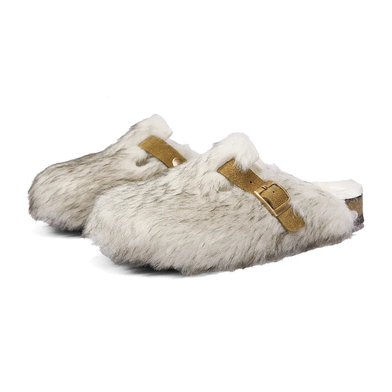 Alison - Women's Plush Buckle Clogs with Faux-Fur Trim