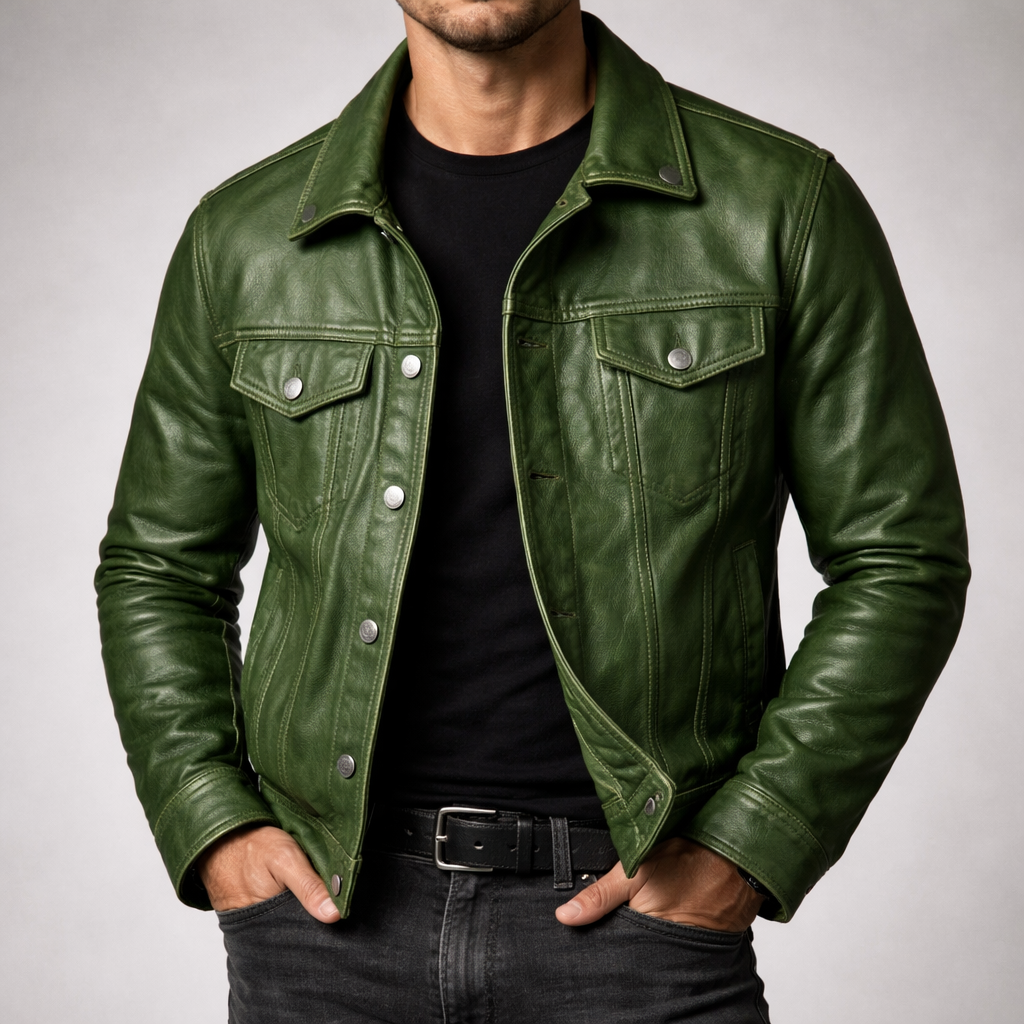 Alistair - Men's Vintage Leather Jacket with Button-Front Closure