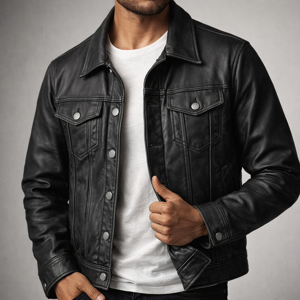 Alistair - Men's Vintage Leather Jacket with Button-Front Closure