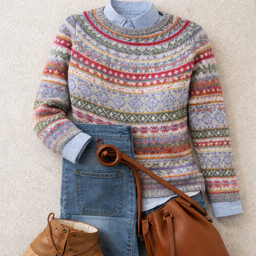 Amara - Women's Fair Isle Crew Neck Sweater with Striped Ribbed Cuffs