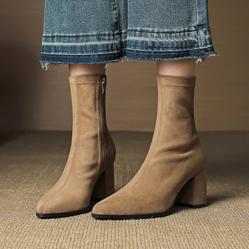 Annika - Women's Suede Pointed-Toe Block Heel Ankle Boots