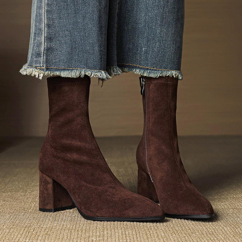 Annika - Women's Suede Pointed-Toe Block Heel Ankle Boots