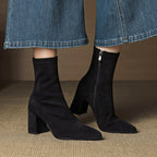 Annika - Women's Suede Pointed-Toe Block Heel Ankle Boots